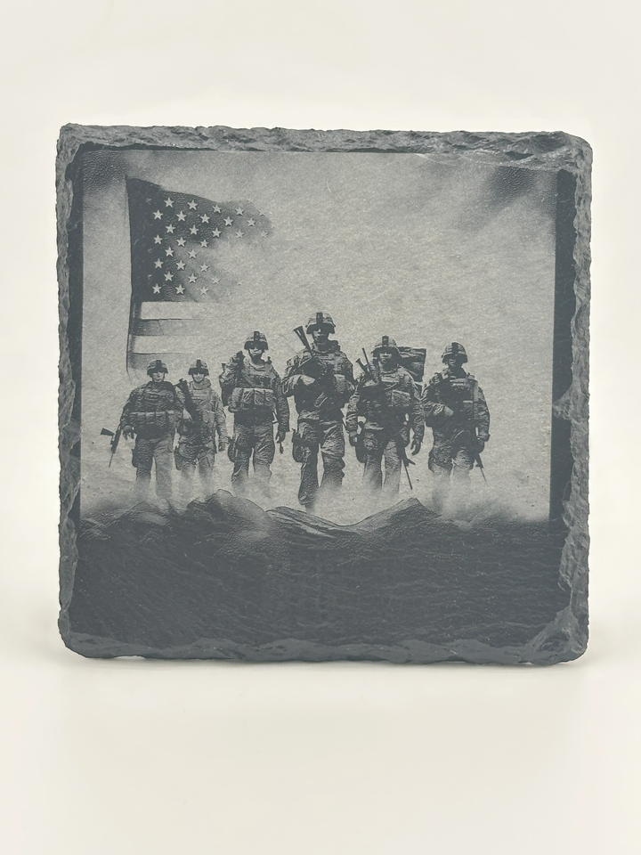 4 Personalized Slate Coasters w/ metal rack - Unique Designs