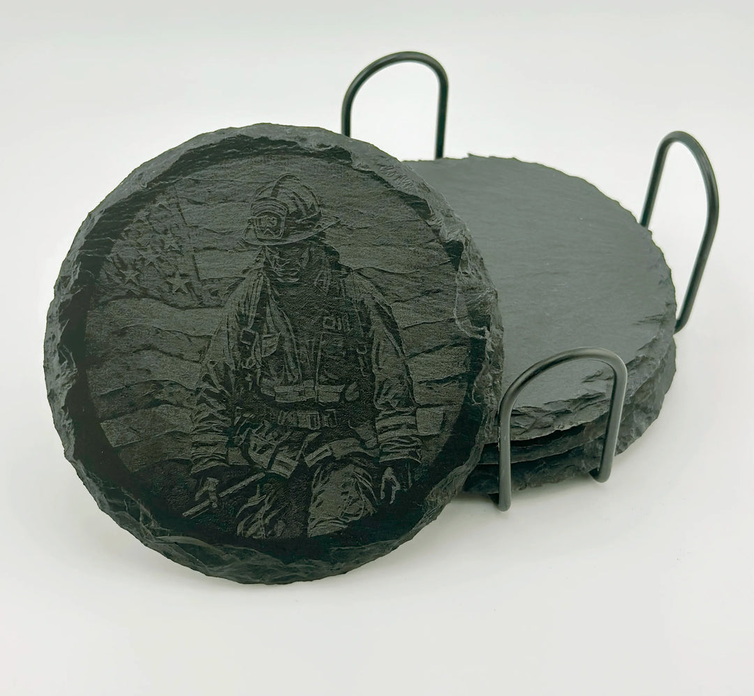 4 Personalized Slate Coasters w/ metal rack - Unique Designs