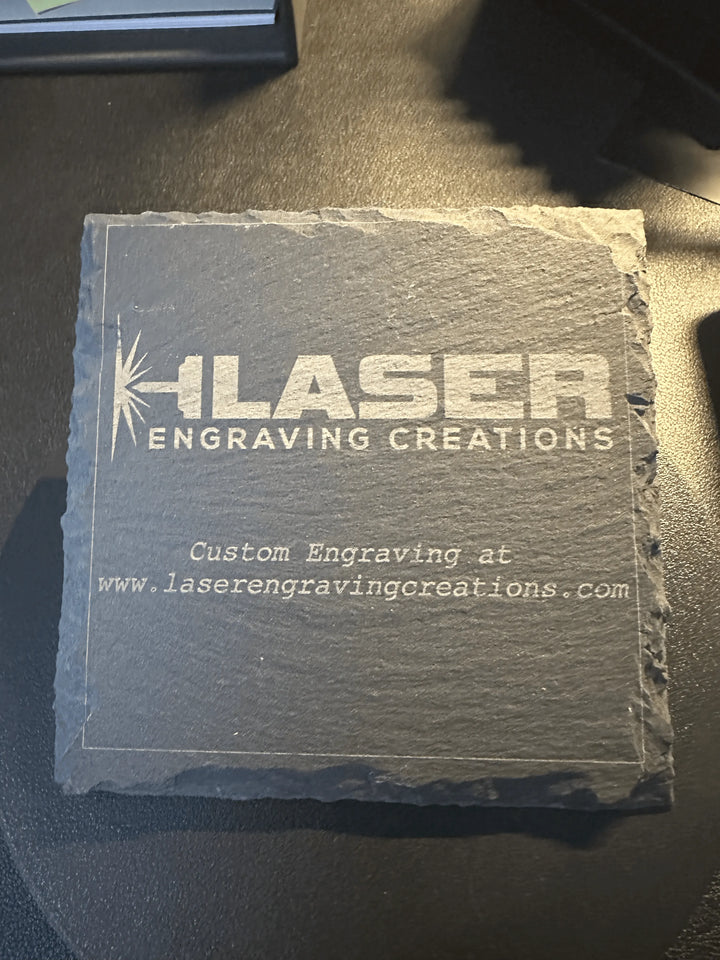 4 Personalized Slate Coasters w/ metal rack - Unique Designs
