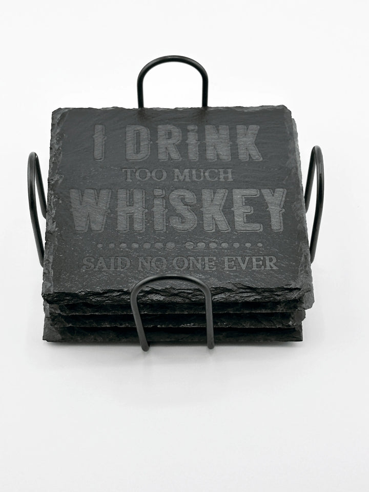 4 Personalized Slate Coasters w/ metal rack - Unique Designs